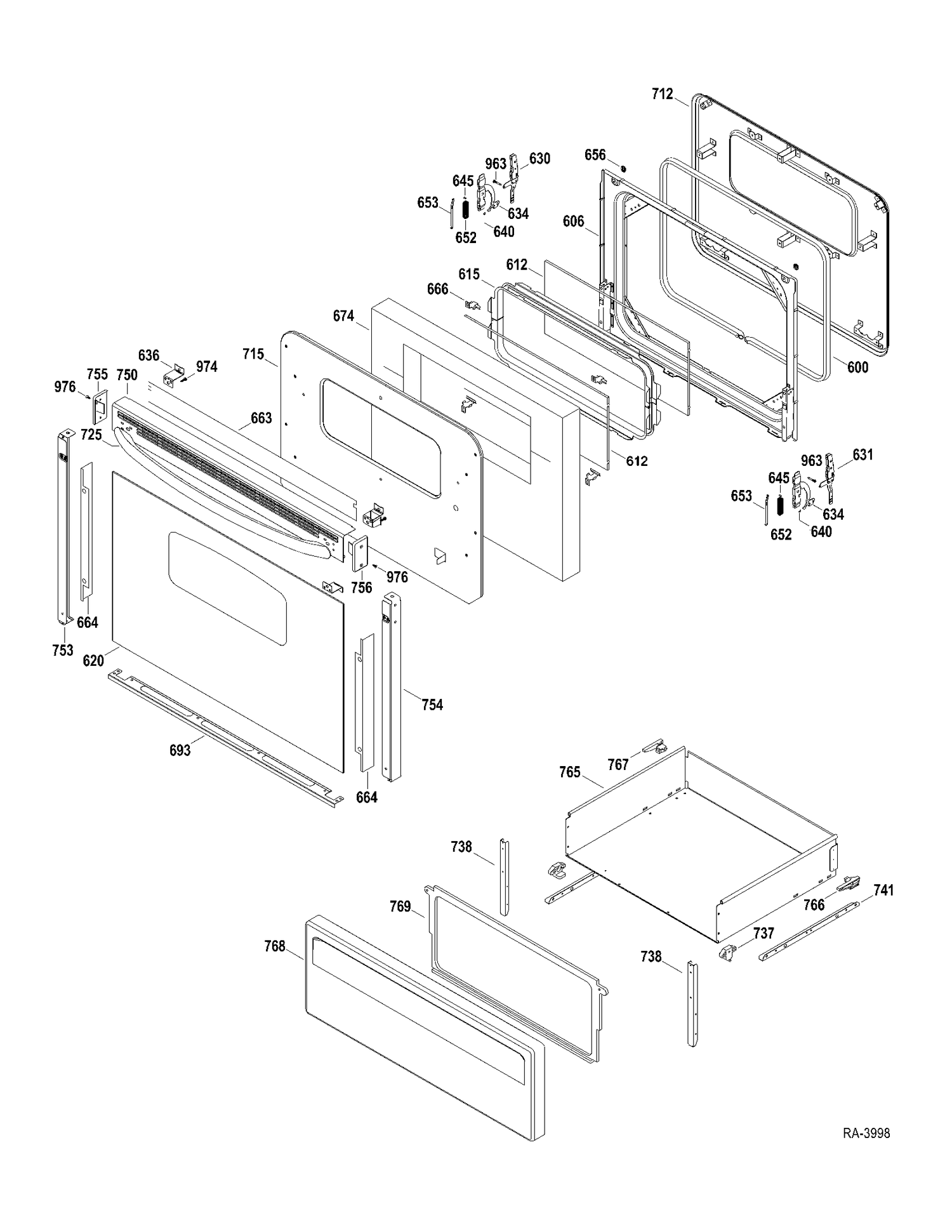 DOOR-DRAWER Diagram and Parts List for JCBP62DP2WW  General Electric Range