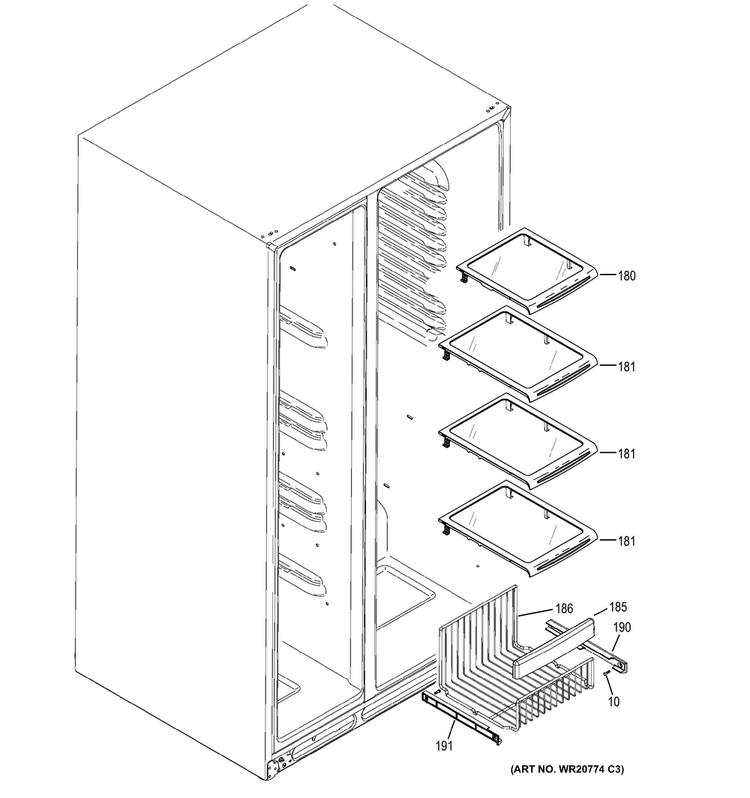 Freezer Shelves Diagram and Parts List for DSE25JGHBCWW  General Electric Refrigerator