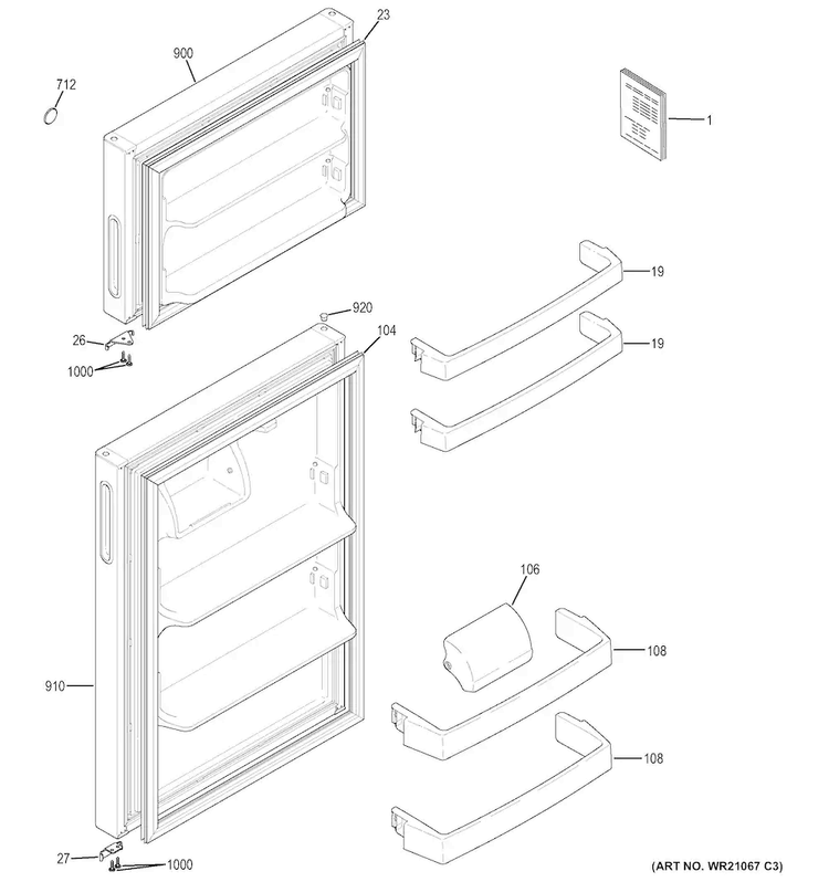 Doors Diagram and Parts List for GPE16DTHBRWW  General Electric Refrigerator