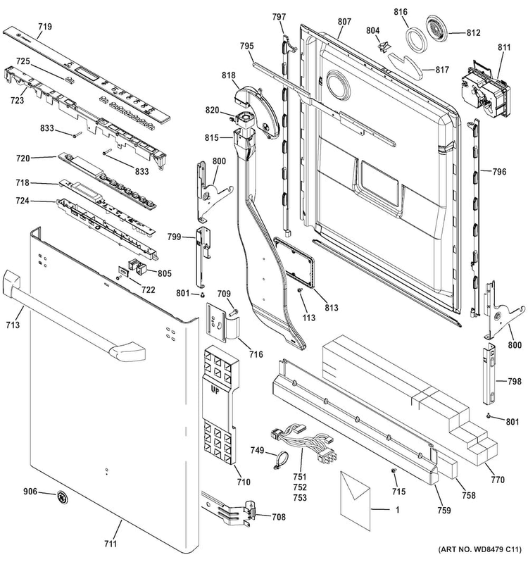 Escutcheon & Door Assembly Diagram and Parts List for CDT765SSF1SS  General Electric Dishwasher