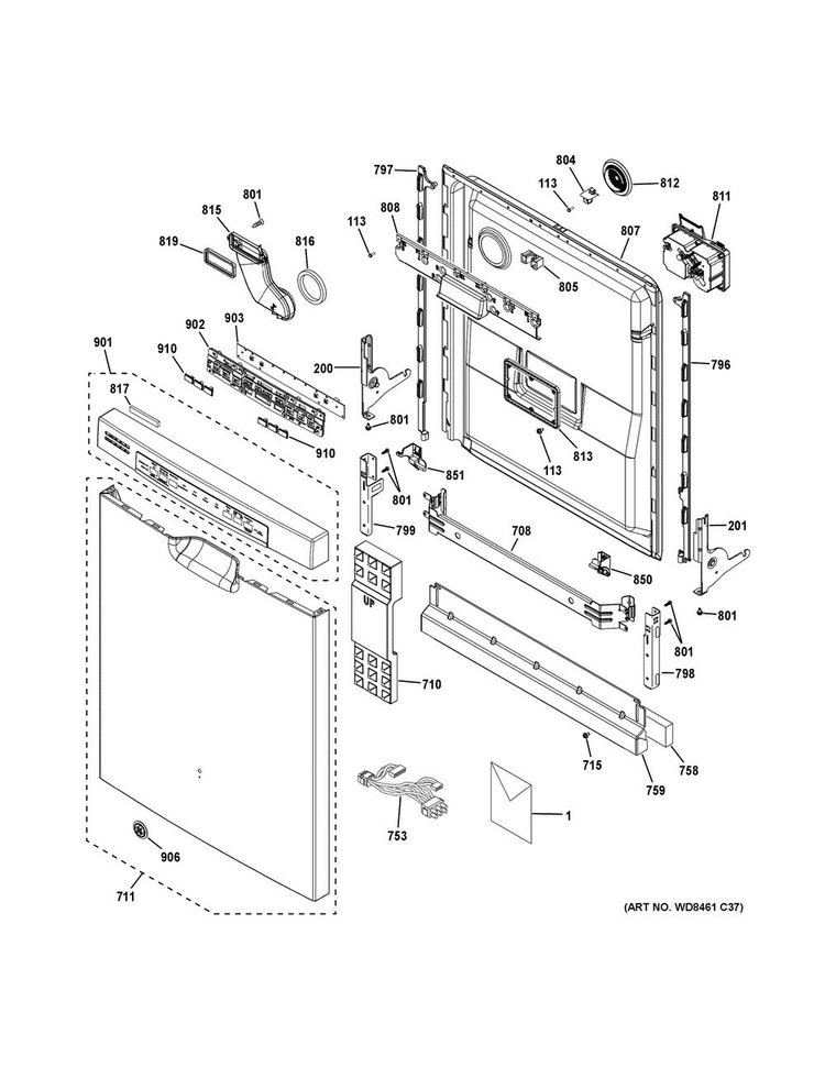 Escutcheon & Door Assembly Diagram and Parts List for GDF570SGF2CC  General Electric Dishwasher