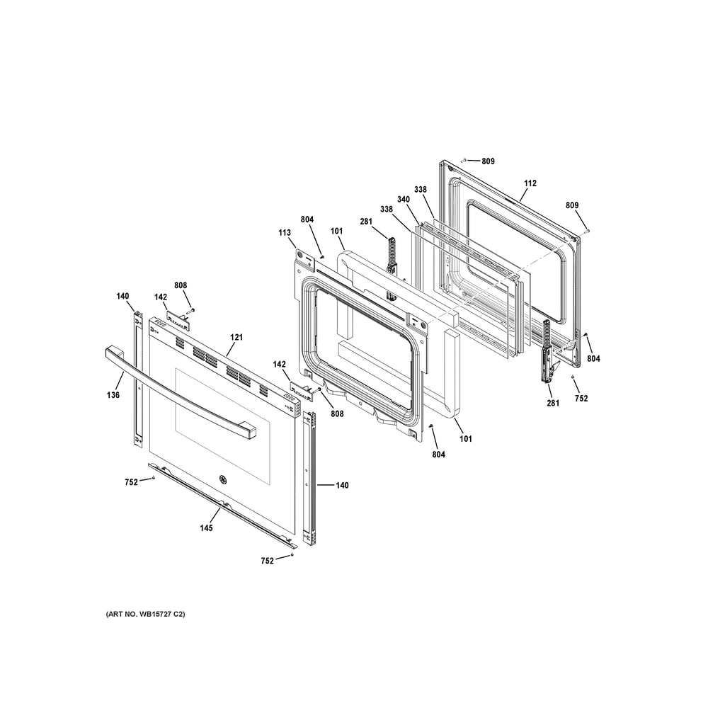 Door Diagram and Parts List for GRF500PV2WW  General Electric Range