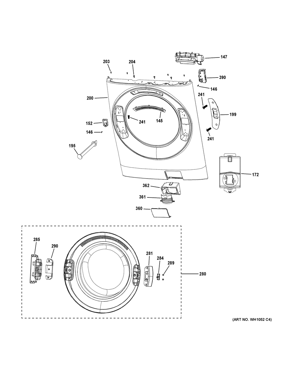 Front Panel And Door Diagram and Parts List for GFW350SSY0WW  General Electric Washer