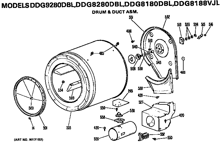 Drum And Duct Assembly Diagram and Parts List for DDG8180DBL  General Electric Dryer