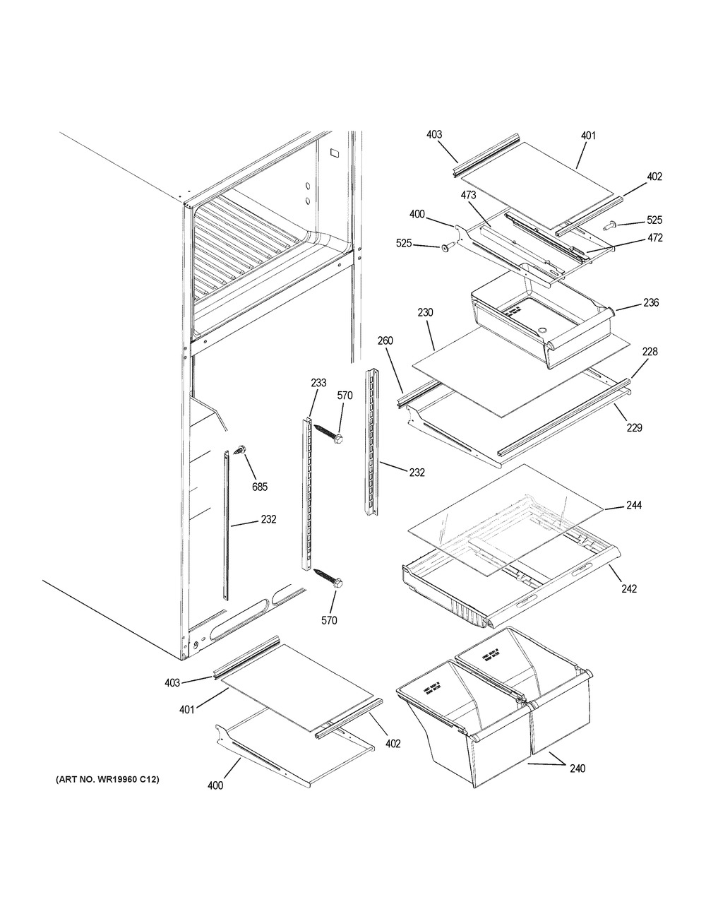 Fresh Food Shelves Diagram and Parts List for GIE18ISHMRSS  General Electric Refrigerator