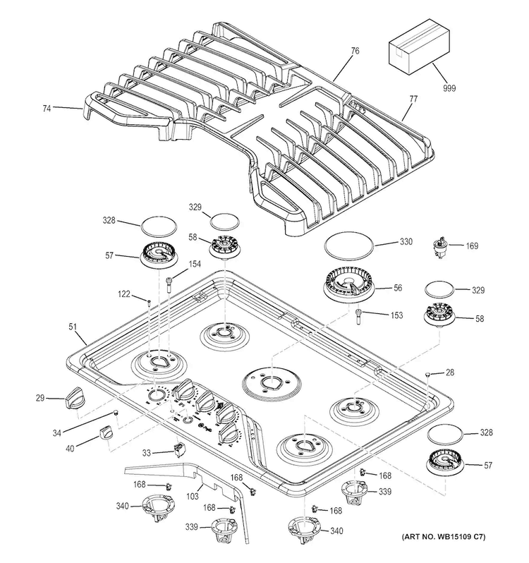 Control Panel & Cooktop Diagram and Parts List for PGP953DET4BB  General Electric Cooktop