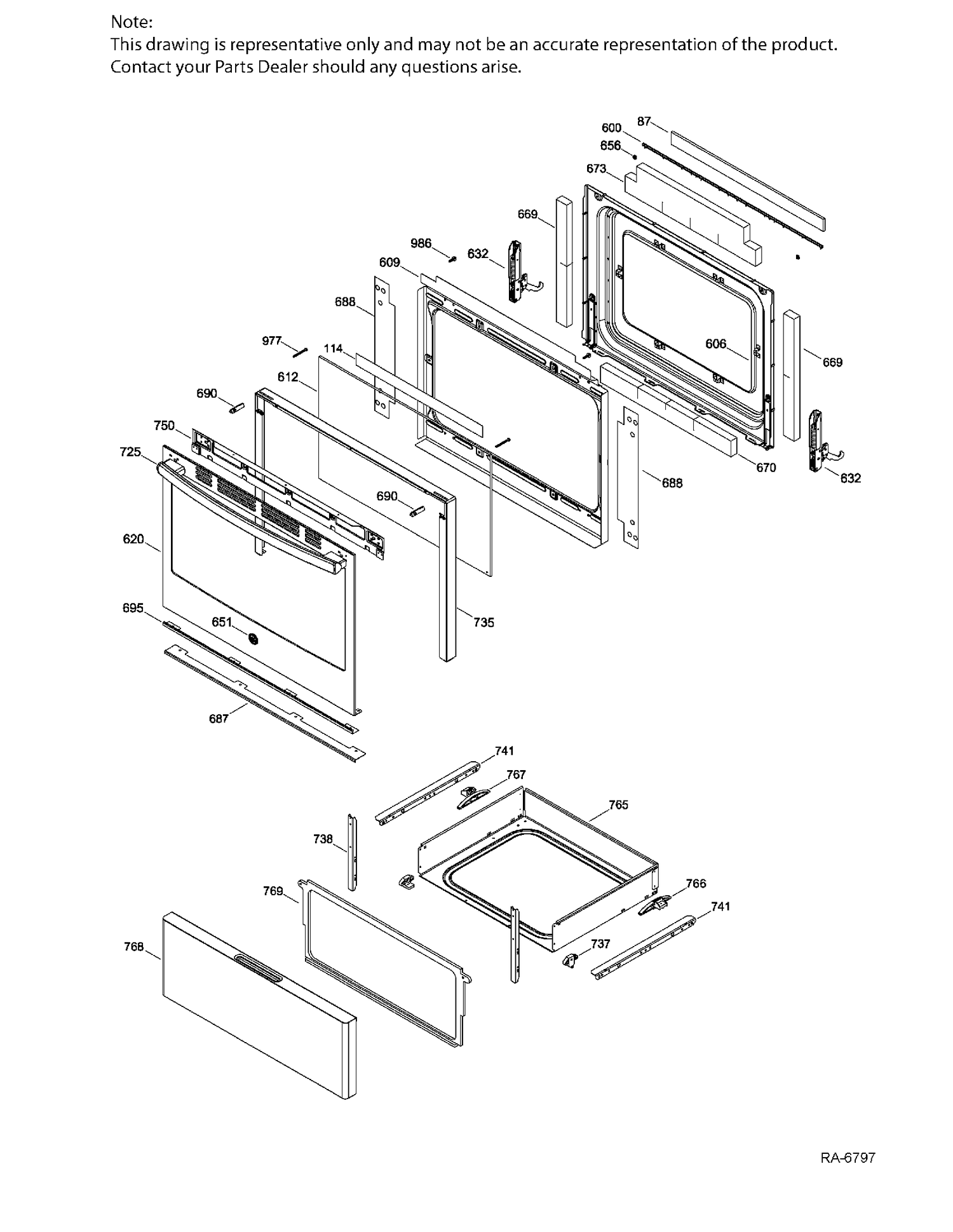 DOOR & DRAWER Diagram and Parts List for JCBS660SK1SS  General Electric Range