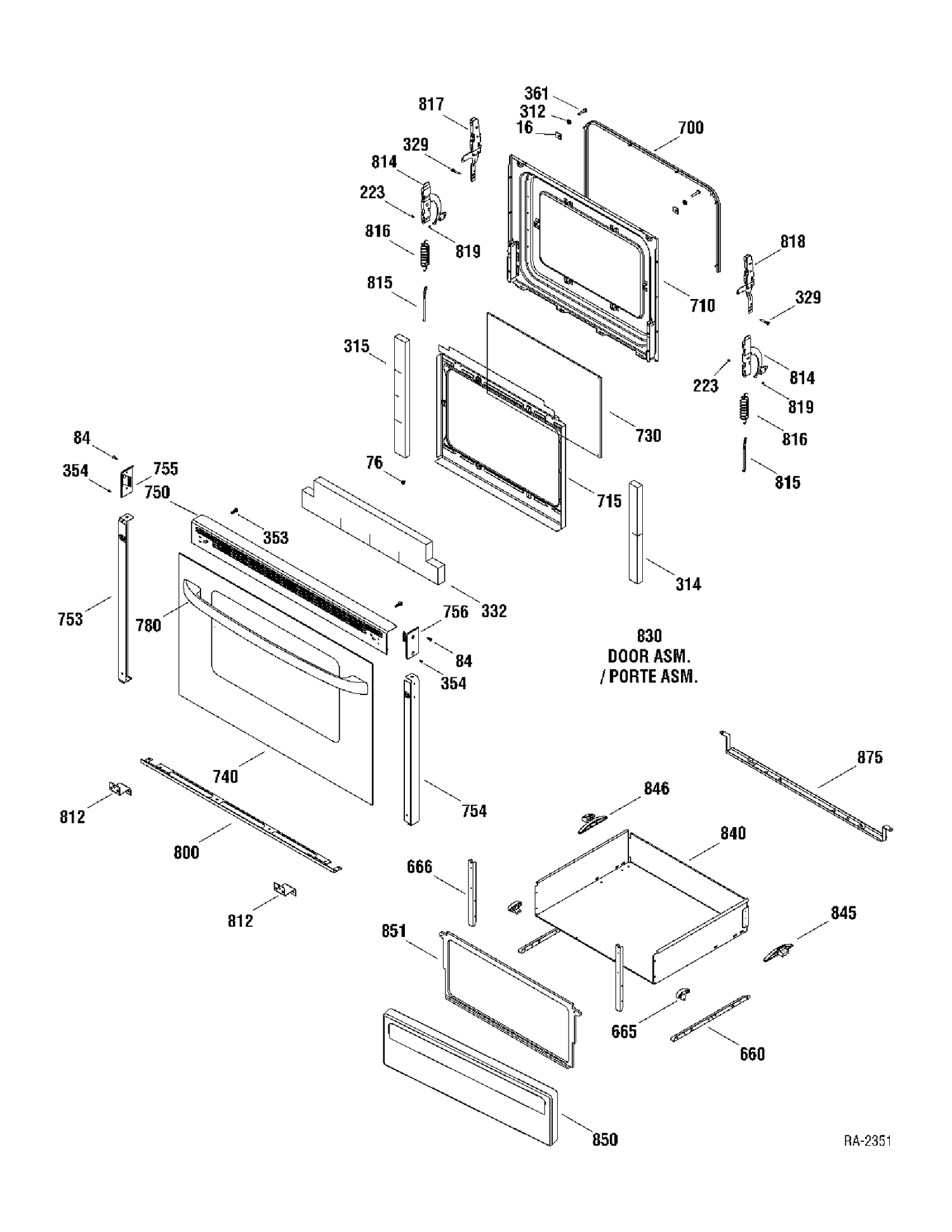 DOOR & DRAWER Diagram and Parts List for MCBS585WM2WW  General Electric Range