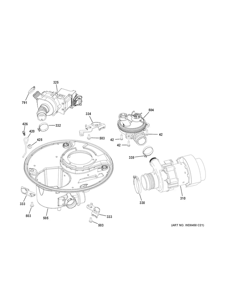 Sump & Motor Mechanism Diagram and Parts List for GDF510PGJ0BB  General Electric Dishwasher