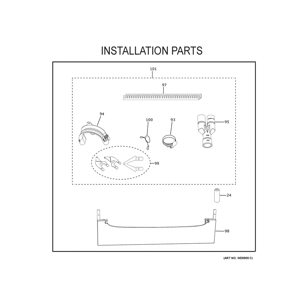 Installation Parts Diagram and Parts List for PDD415PYY0FS  General Electric Dishwasher