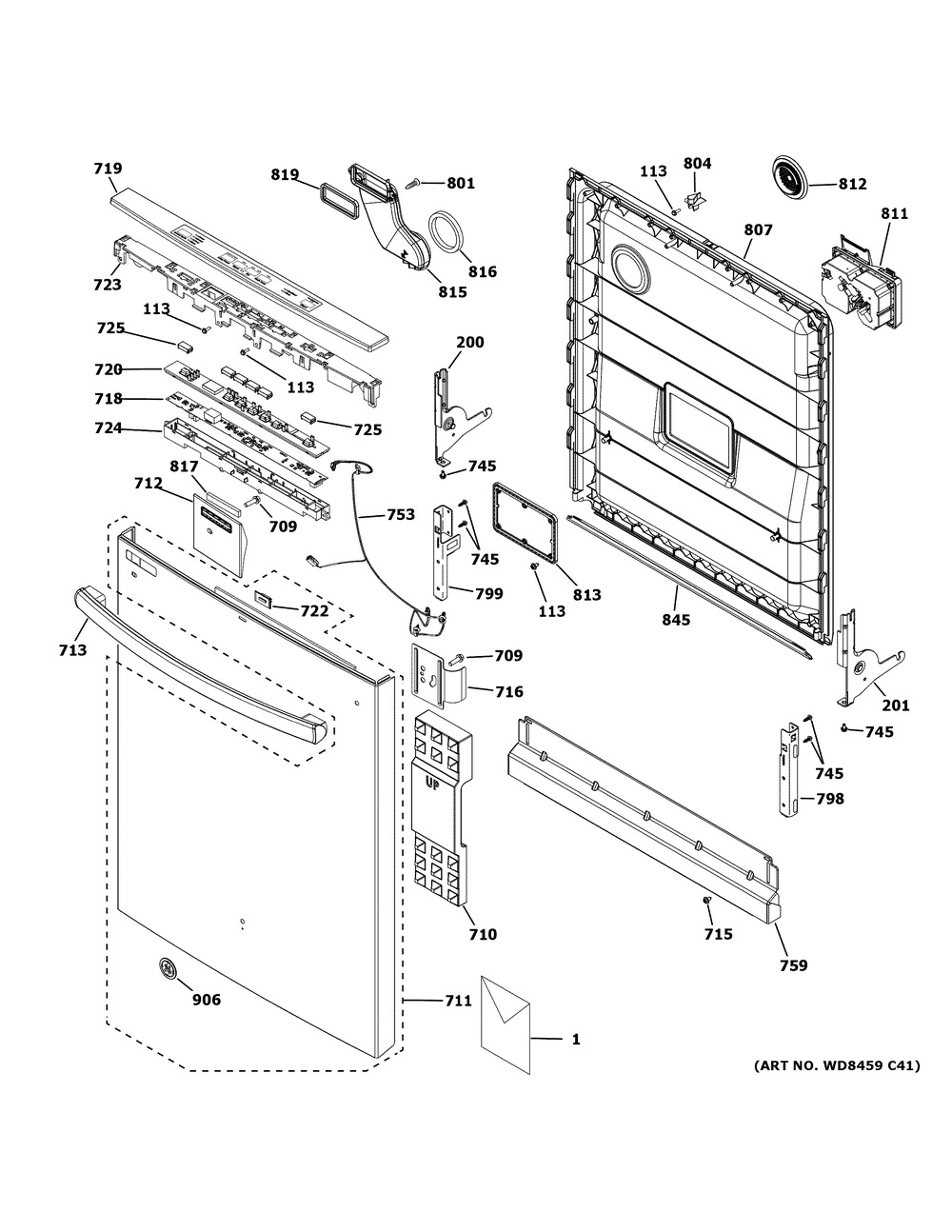 Escutcheon And Door Assembly Diagram and Parts List for GDT530PSP5SS  General Electric Dishwasher