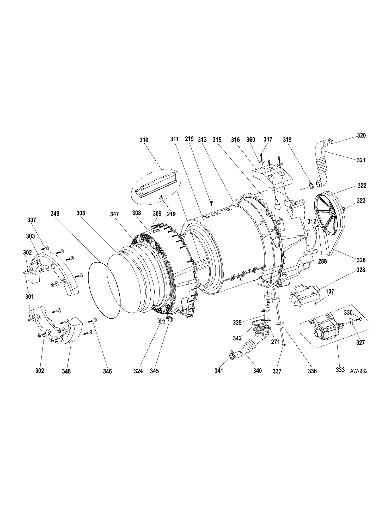 TUB-MOTOR Diagram and Parts List for GFAN1100L1WW  General Electric Washer