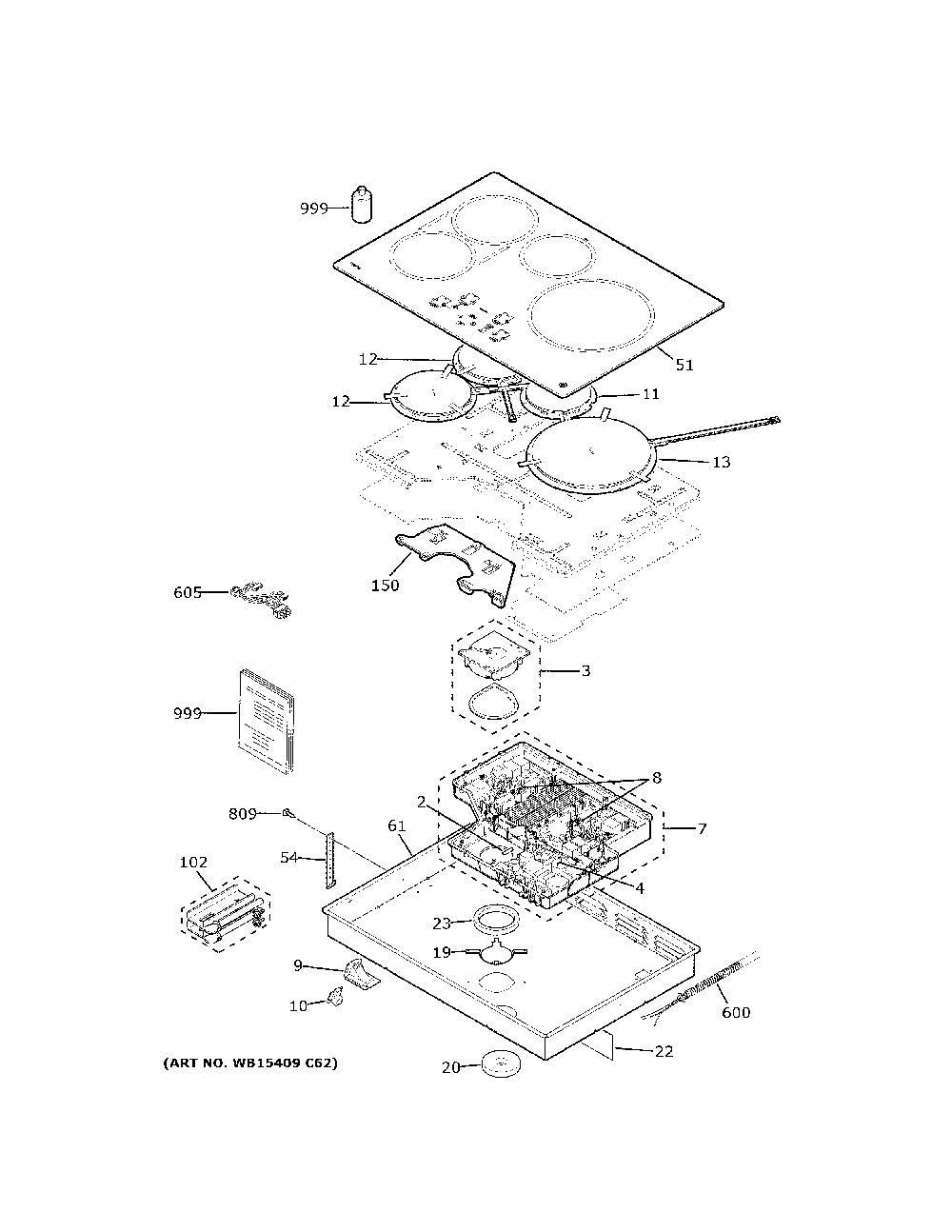 Control panel & cooktop Diagram and Parts List for PHP9030DJ5BB  General Electric Cooktop