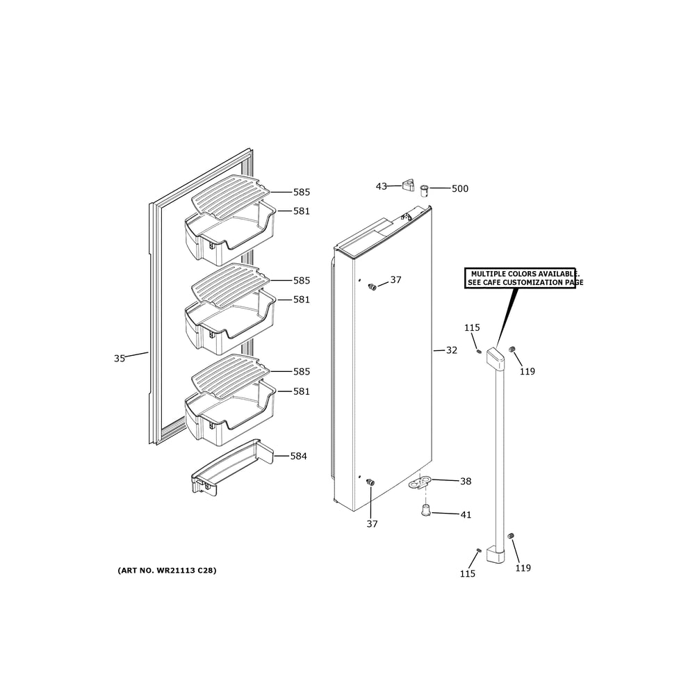 Fresh Food Door - Rh Diagram and Parts List for CWE19SP2NXS1  General Electric Refrigerator