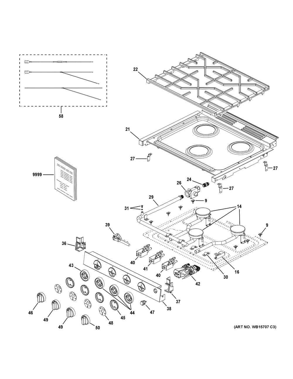 Control Panel And Cooktop Diagram and Parts List for PLD621EW1SB  General Electric Range