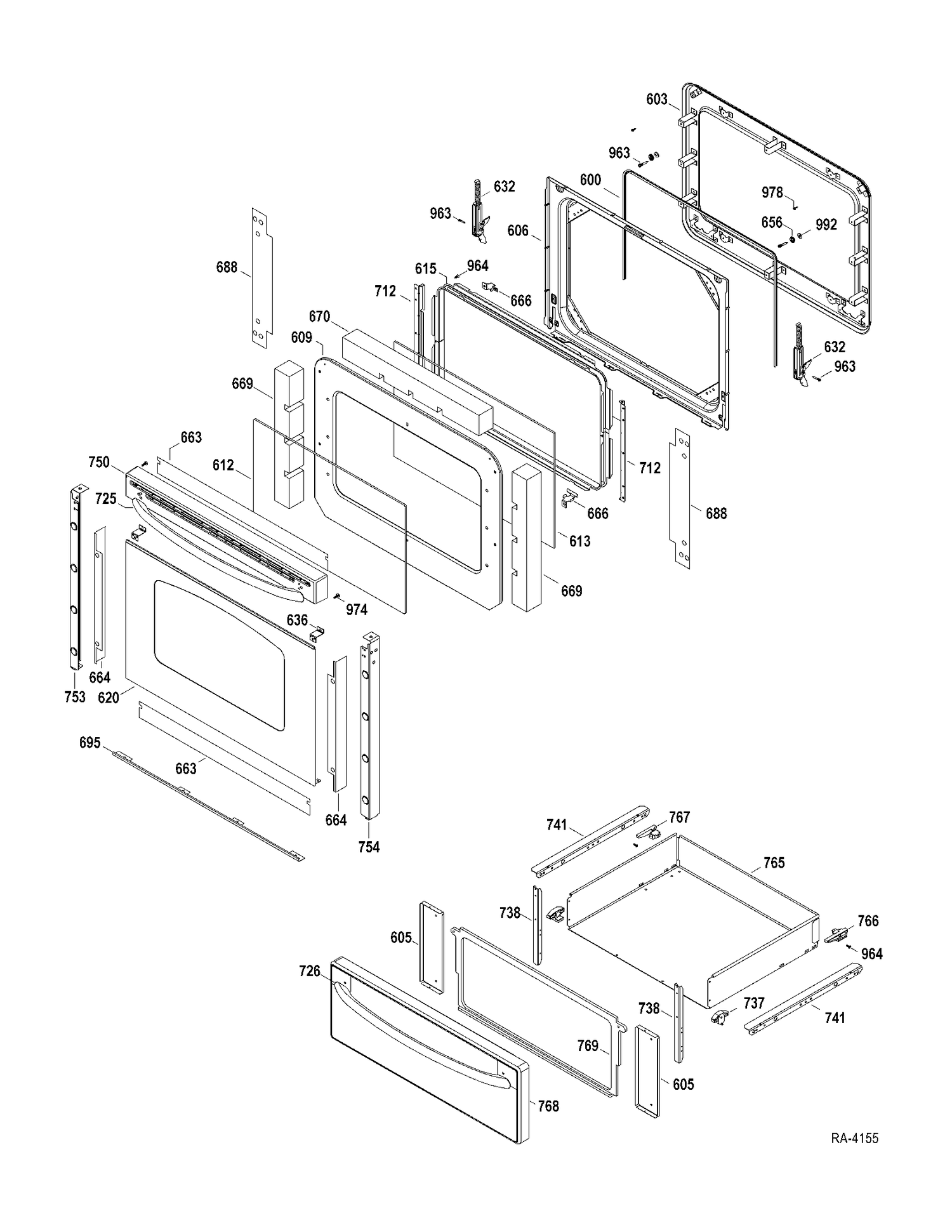 DOOR-DRAWER Diagram and Parts List for JCBP660DT1MS  General Electric Range