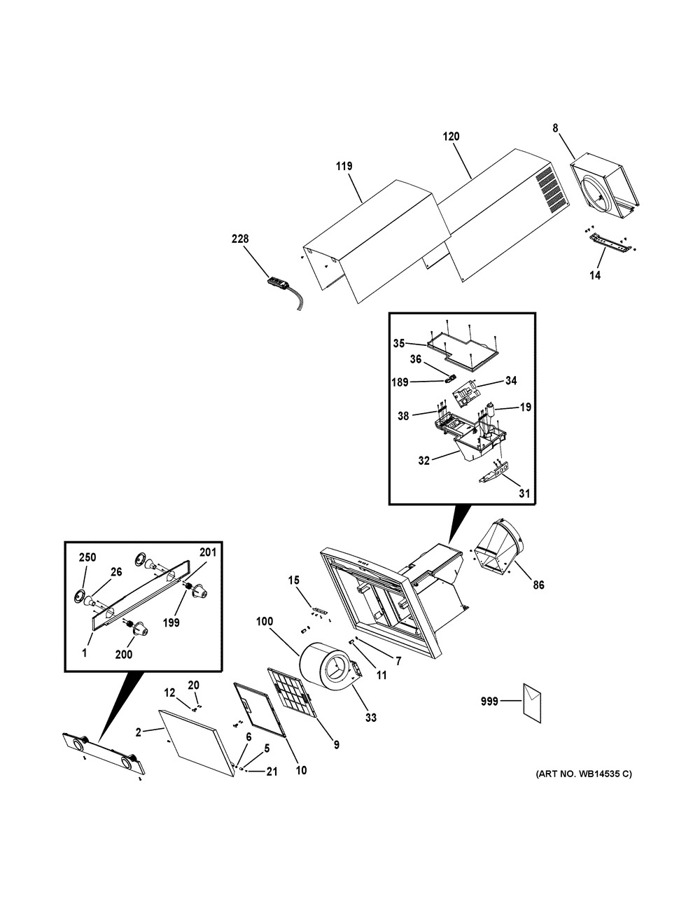 Range Hood Diagram and Parts List for ZVW8301SW1SS  General Electric Range