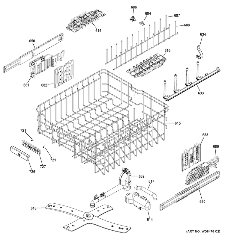 Upper Rack Assembly Diagram and Parts List for GDT740SSF2SS  General Electric Dishwasher