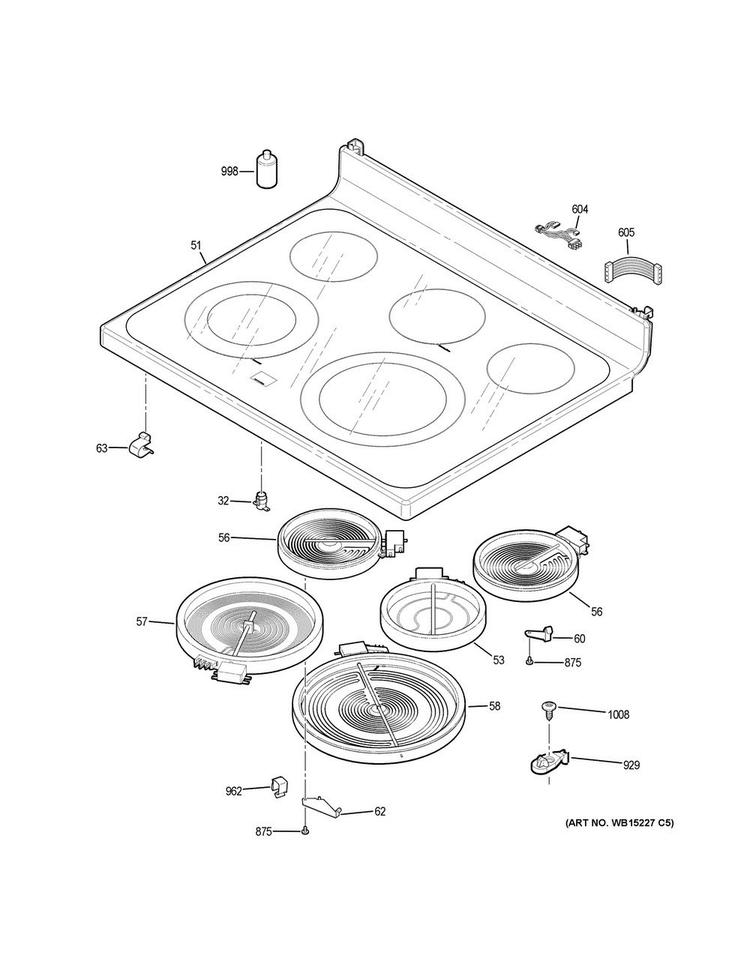 Cooktop Diagram and Parts List for JB750DJ4WW  General Electric Range