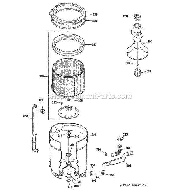 Tub, Basket & Agitator Diagram and Parts List for HSWP1000M3WW  Hotpoint Washer