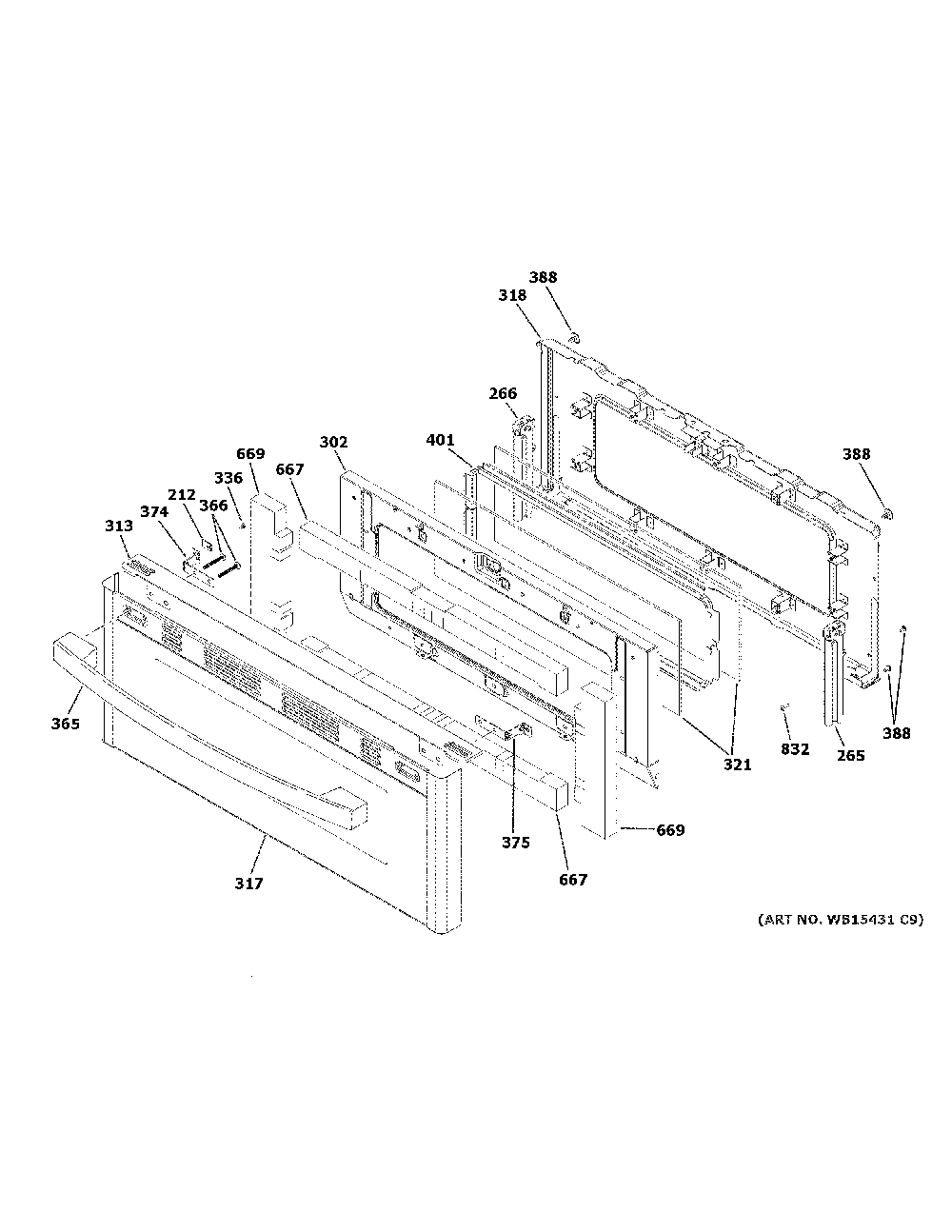Upper Door Diagram and Parts List for JGSS86SP2SS  General Electric Range