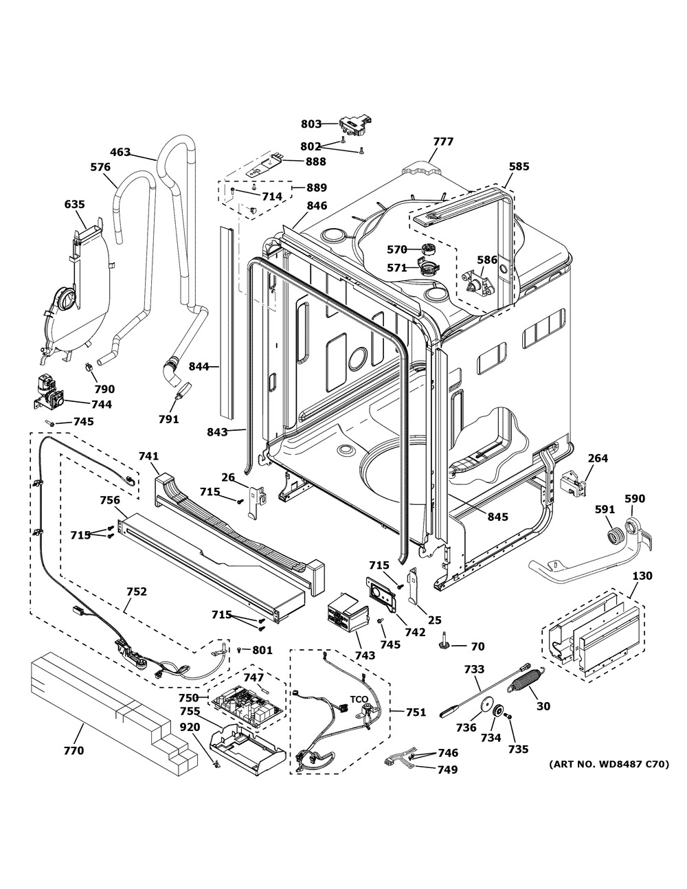 Body Parts 1 Diagram and Parts List for CDT875P3N0D1  General Electric Dishwasher