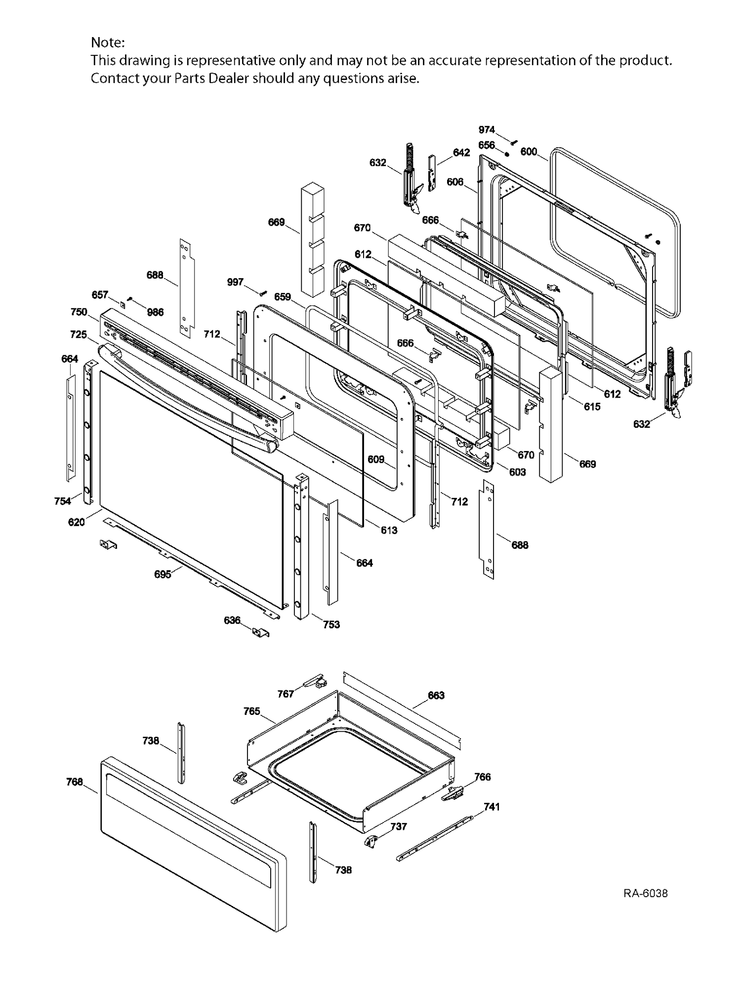DOOR & DRAWER Diagram and Parts List for JCB530SJ1SS  General Electric Range