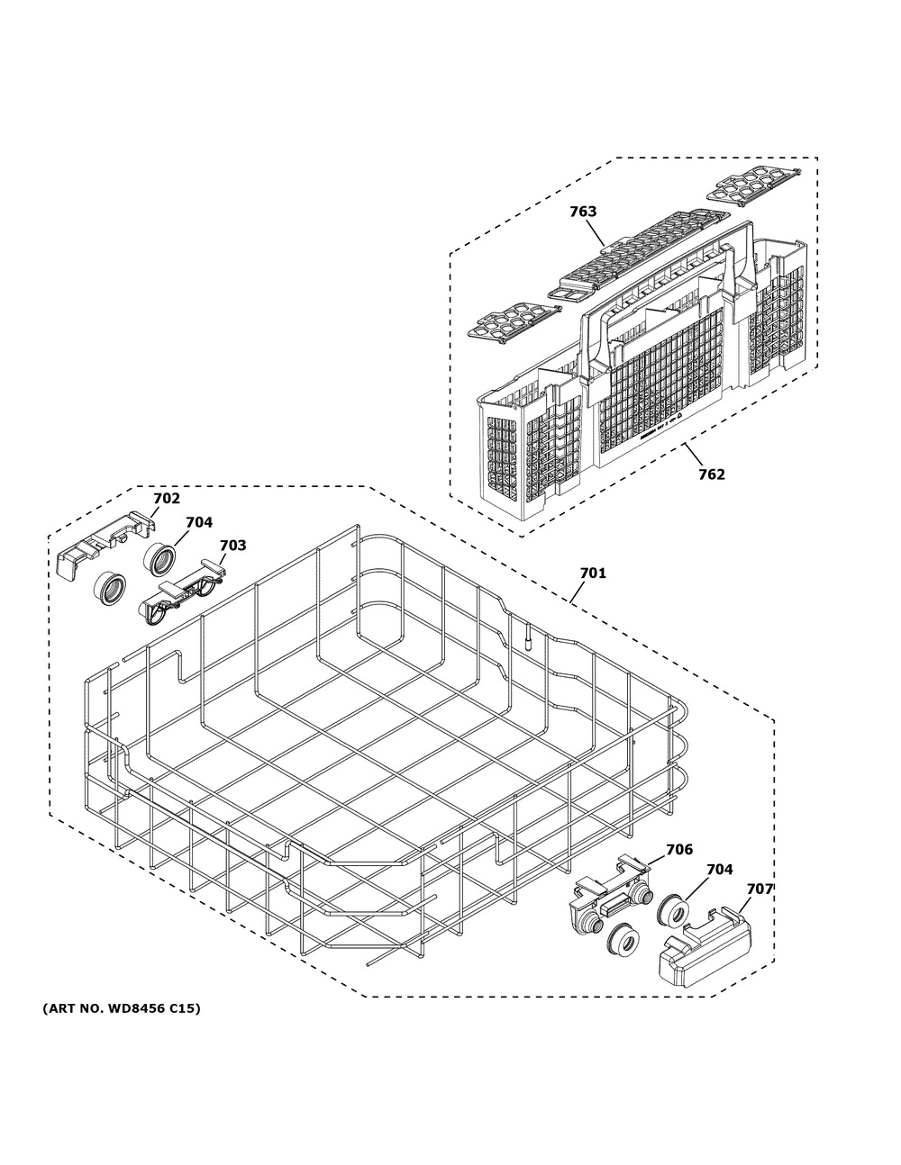 Lower Rack Assembly Diagram and Parts List for XDF400PGN5WW  General Electric Dishwasher