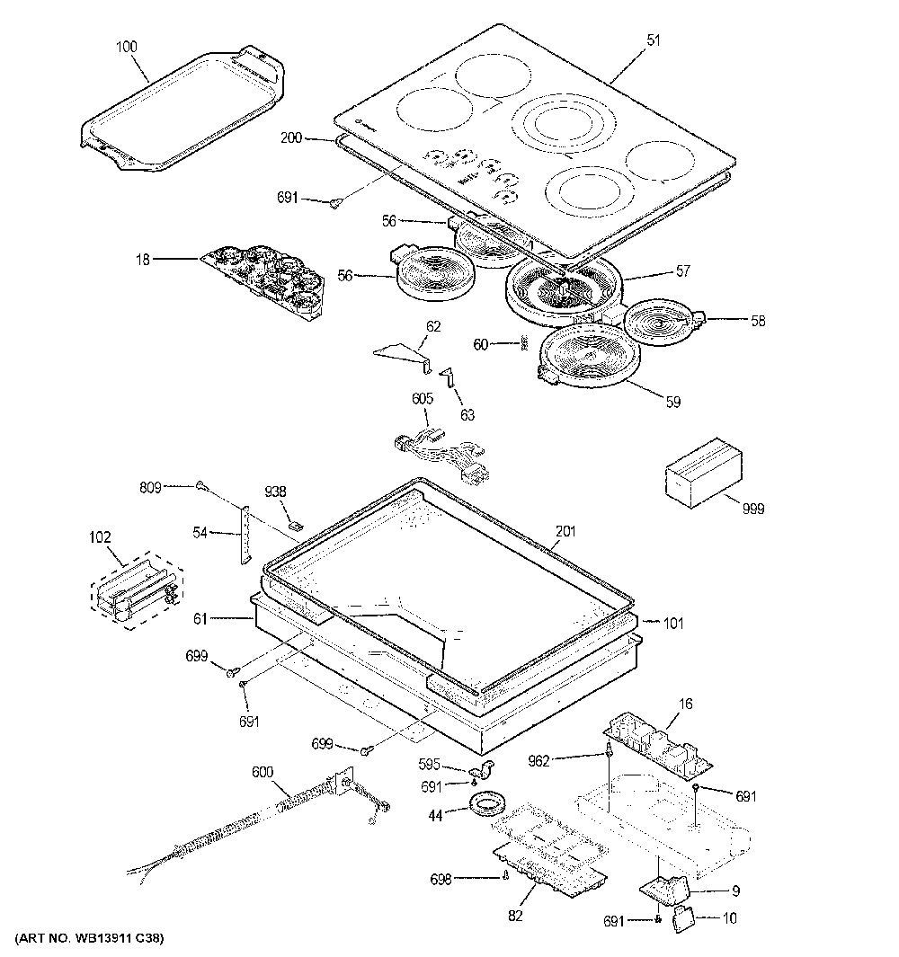 Control panel & cooktop Diagram and Parts List for ZEU36RSJ3SS  General Electric Cooktop