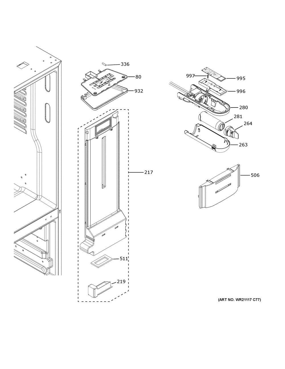 Fresh Food Section Diagram and Parts List for GDE21EGKWRWW  General Electric Refrigerator