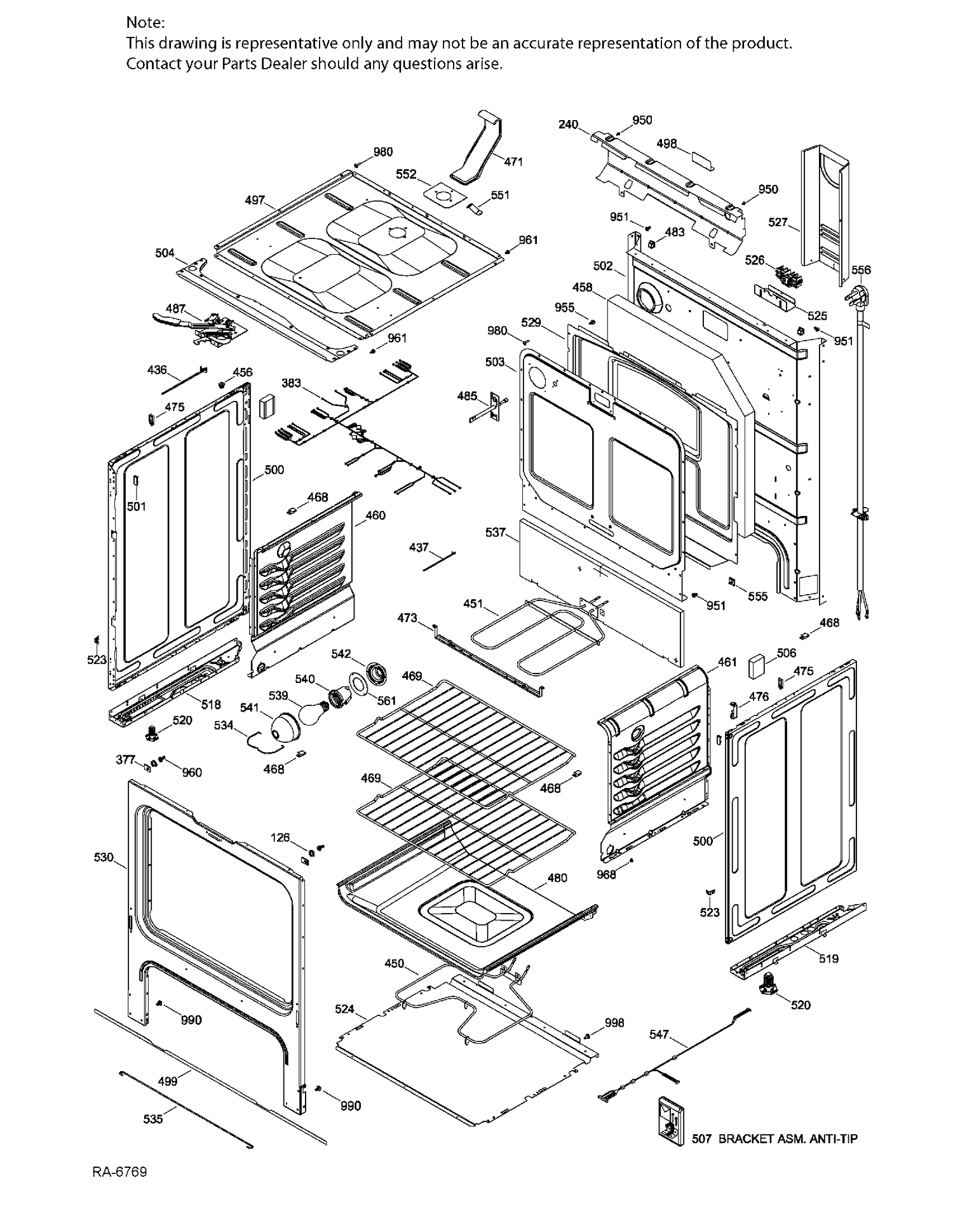 BODY Diagram and Parts List for JCB630DK1WW  General Electric Range