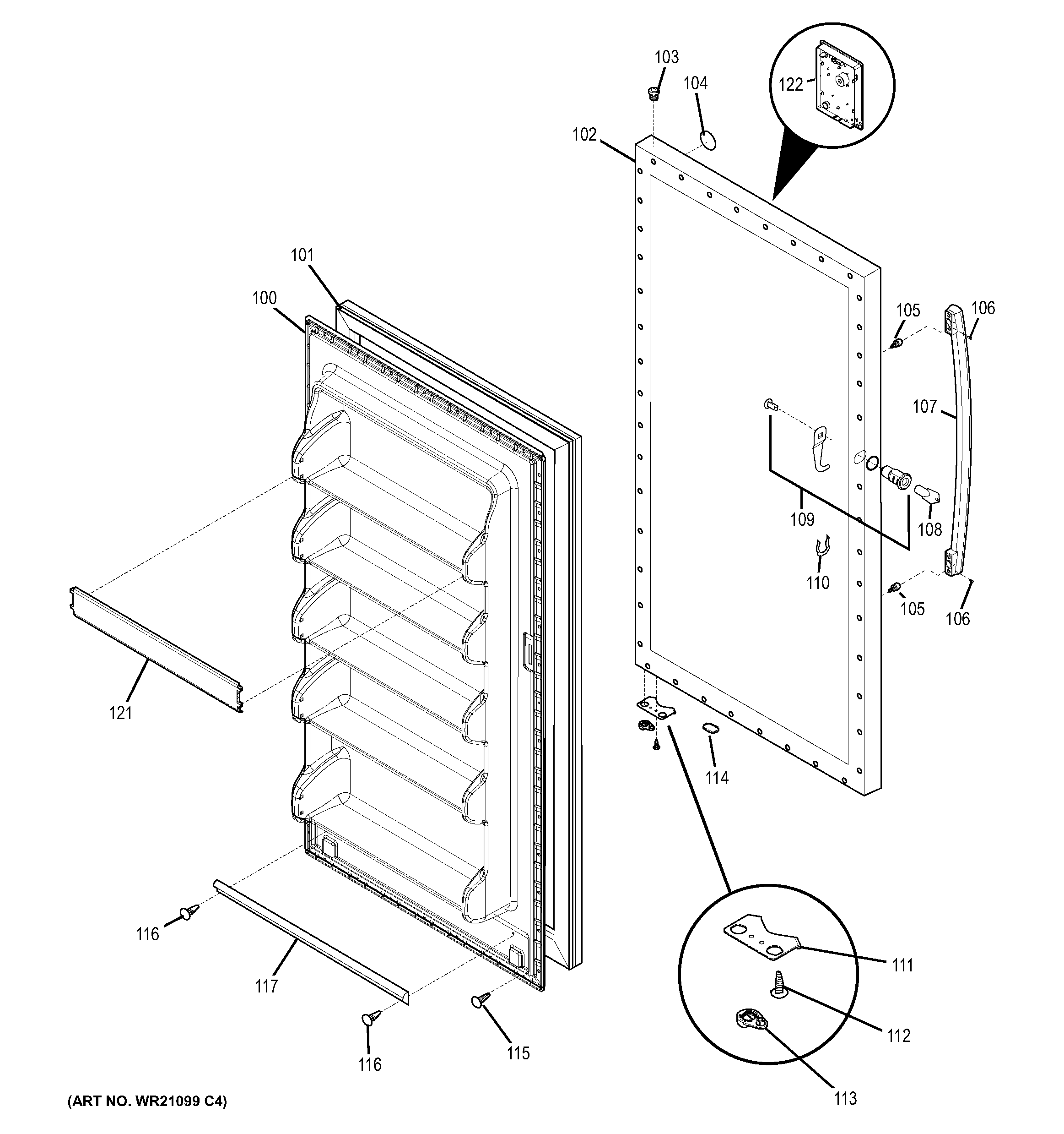 Door Diagram and Parts List for FUF20DHBRWW  General Electric Freezer