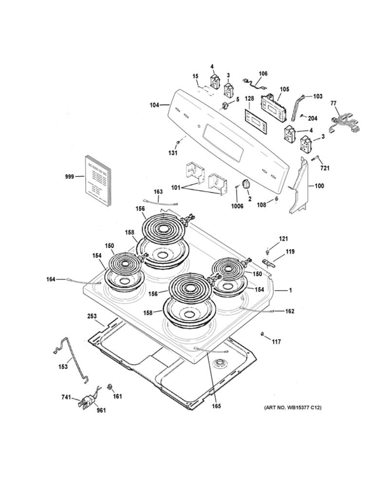 Control Panel And Cooktop Diagram and Parts List for JBS360DM2WW  General Electric Range