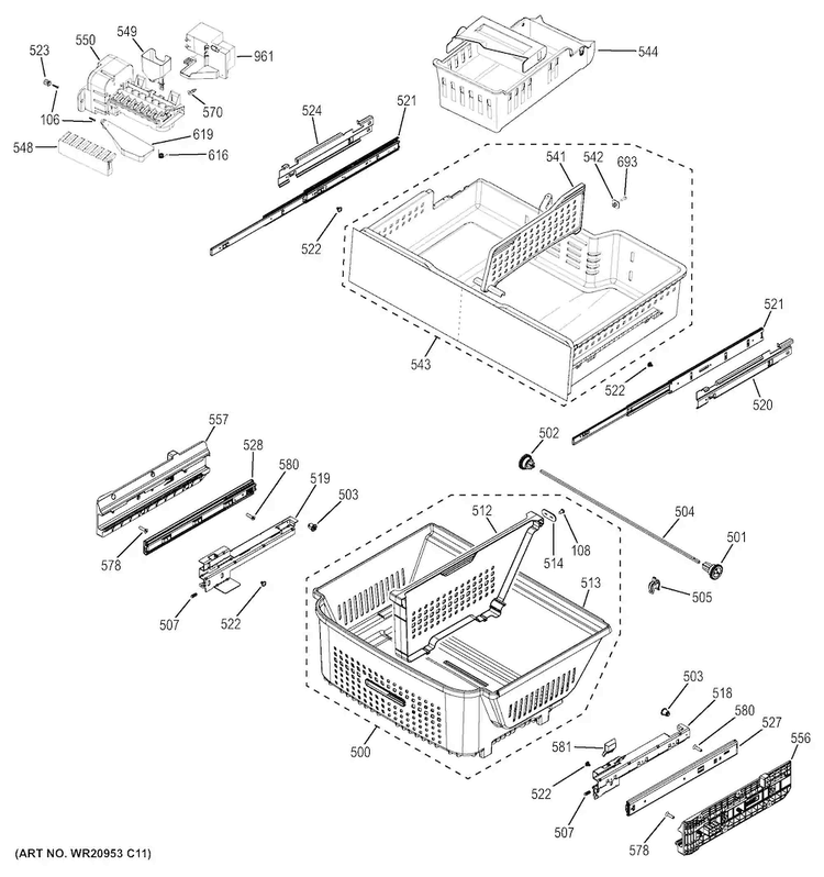 Freezer Shelves Diagram and Parts List for DFE28JGHCBB  General Electric Refrigerator