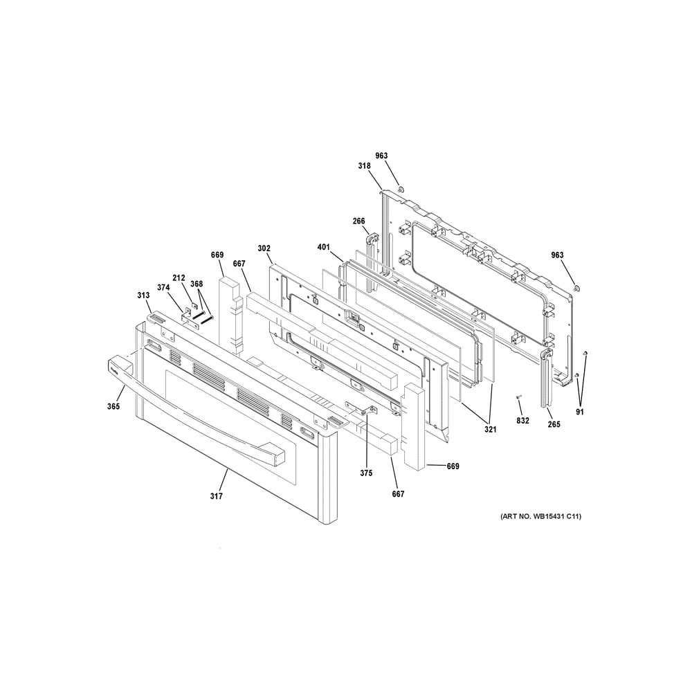 Upper Door Diagram and Parts List for PGB965BP4TS  General Electric Range