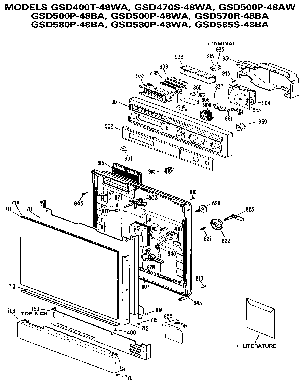 Control Panel And Door Diagram and Parts List for GSD580P-48WA  General Electric Dishwasher