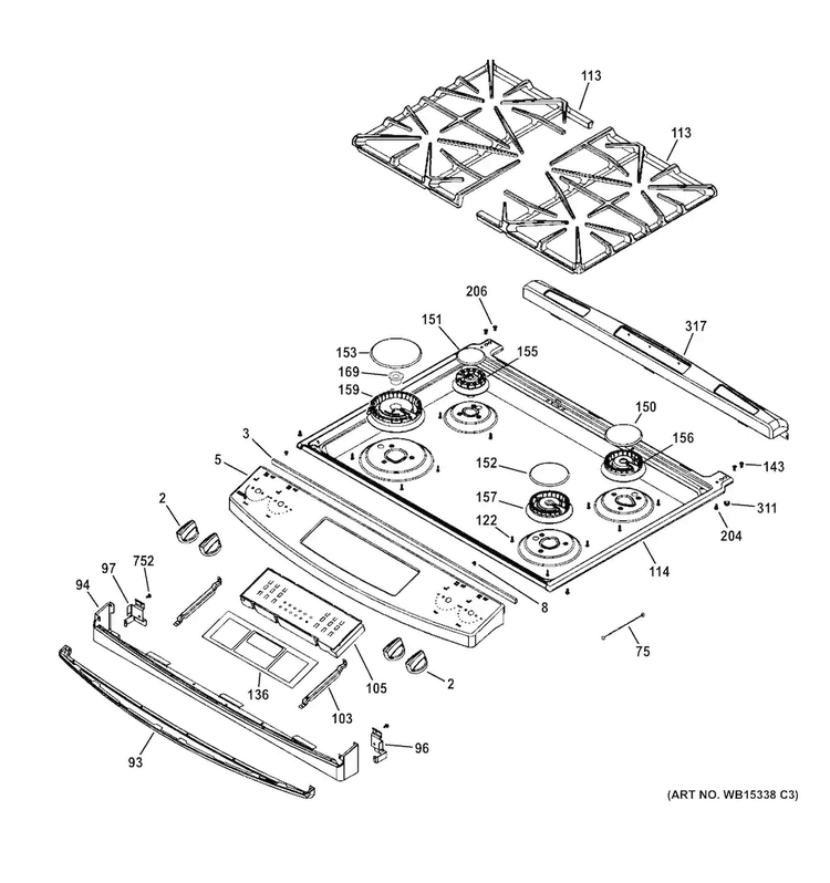Control Panel & Cooktop Diagram and Parts List for JGS650DEF1BB  General Electric Range