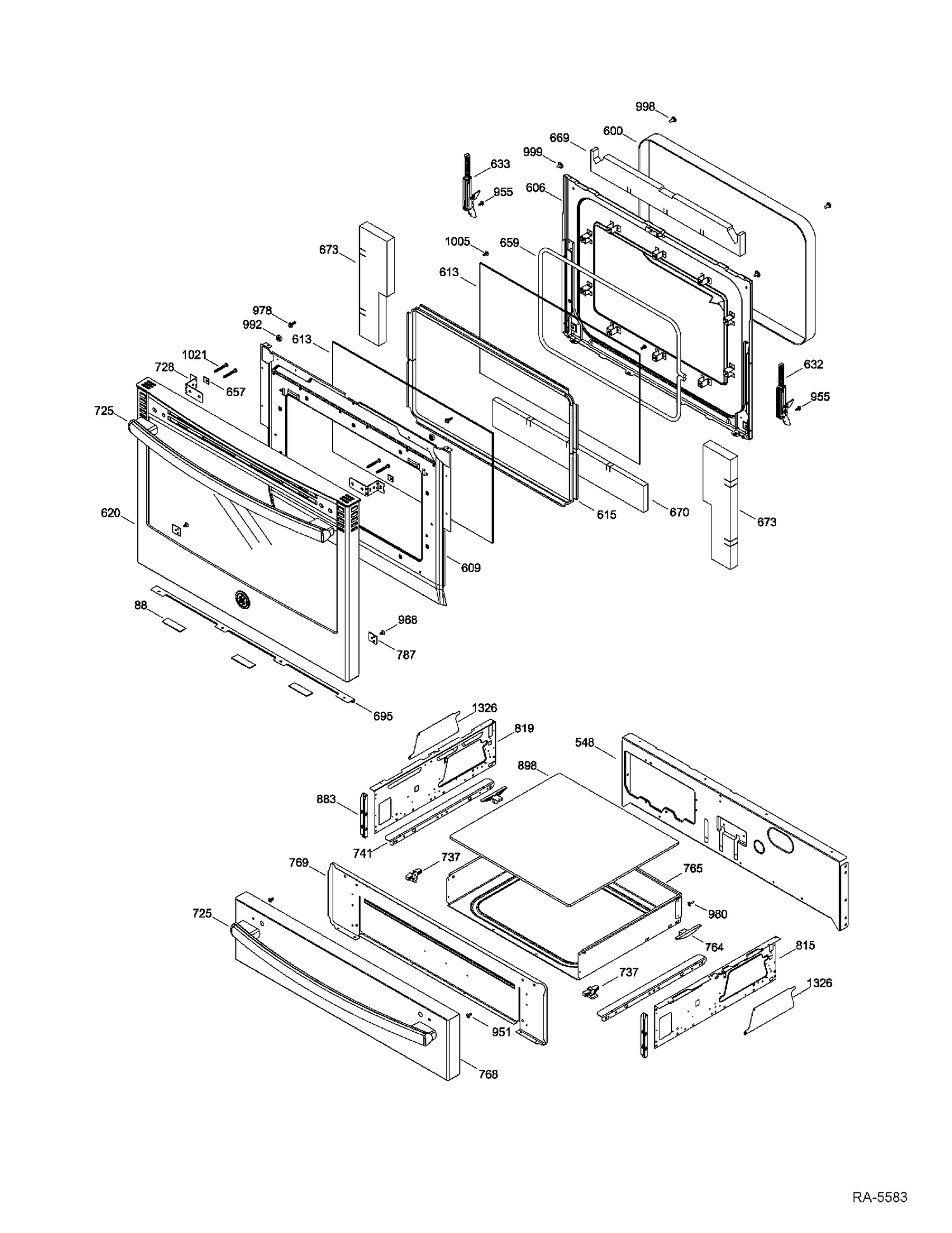 DOOR & DRAWER Diagram and Parts List for JCS860DF1BB  General Electric Range
