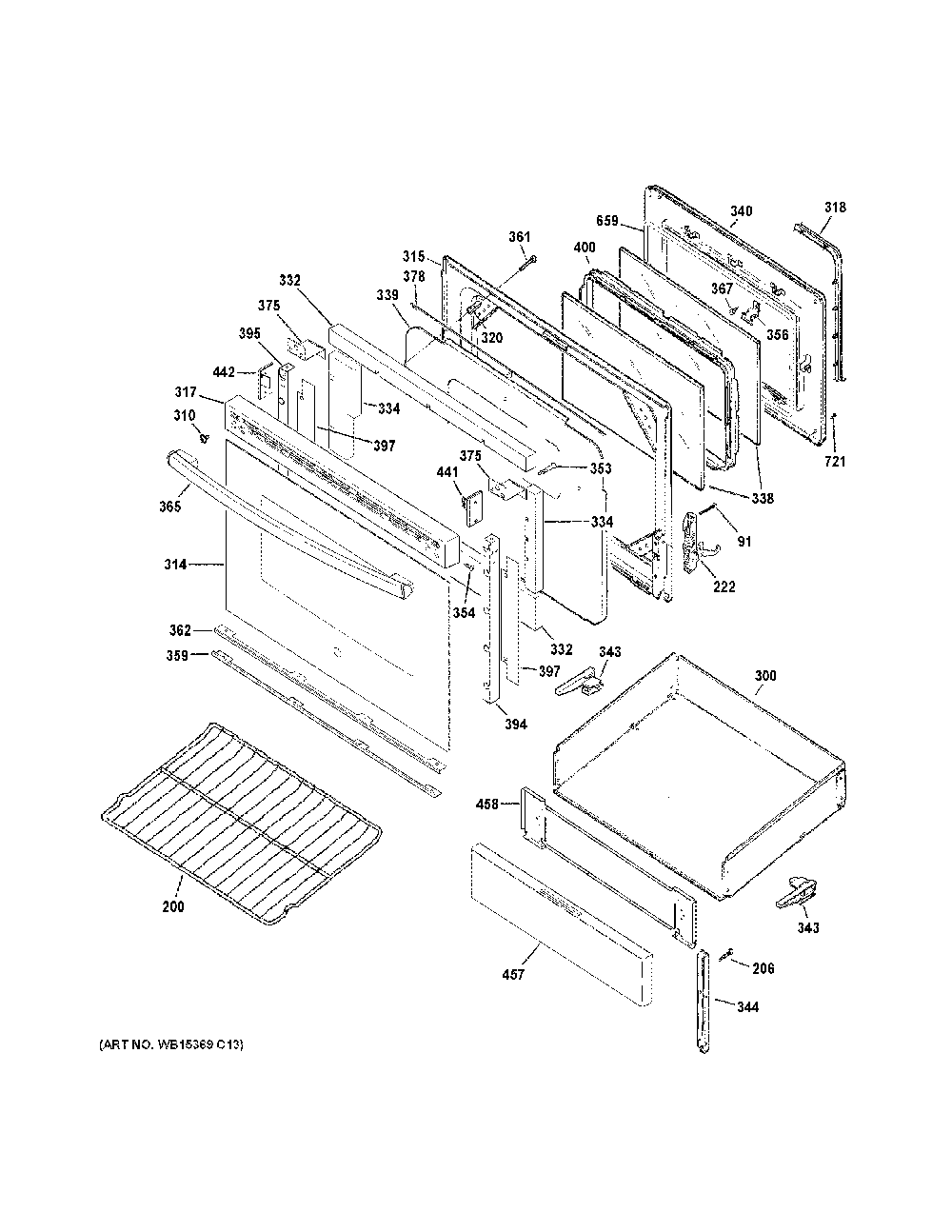 Door And Drawer Parts Diagram and Parts List for JB480DT1WW  General Electric Range