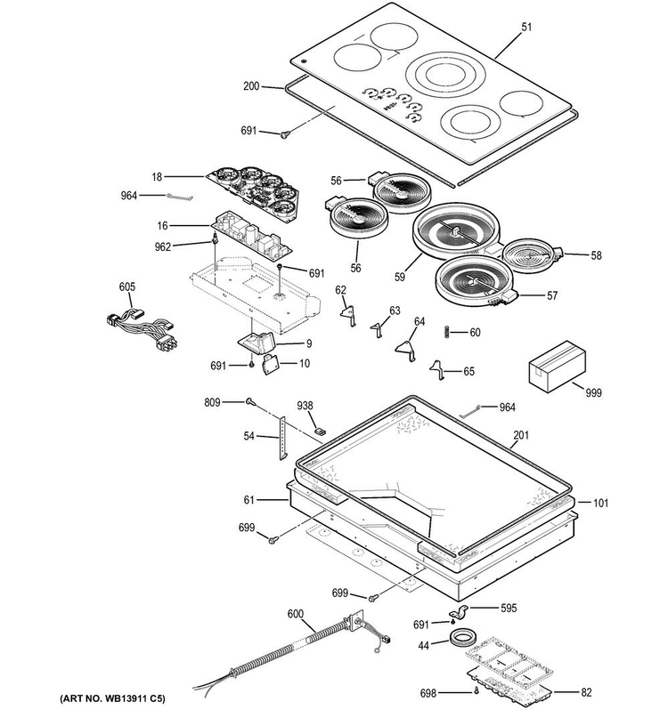 Control Panel & Cooktop Diagram and Parts List for PP9036DJ1BB  General Electric Cooktop