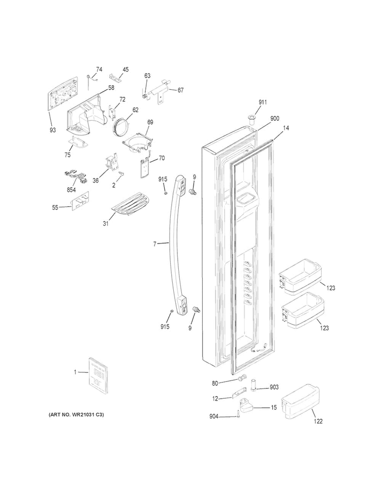 Freezer Door Diagram and Parts List for GSE23GGKECWW  General Electric Refrigerator
