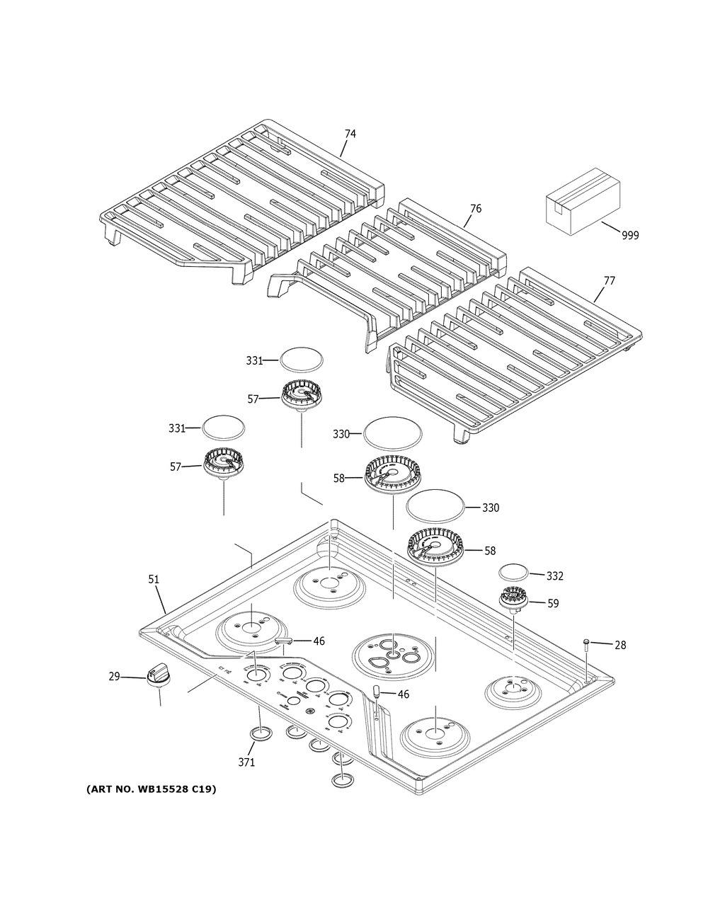 Control Panel & Cooktop Diagram and Parts List for CGP70362N1S1  General Electric Cooktop