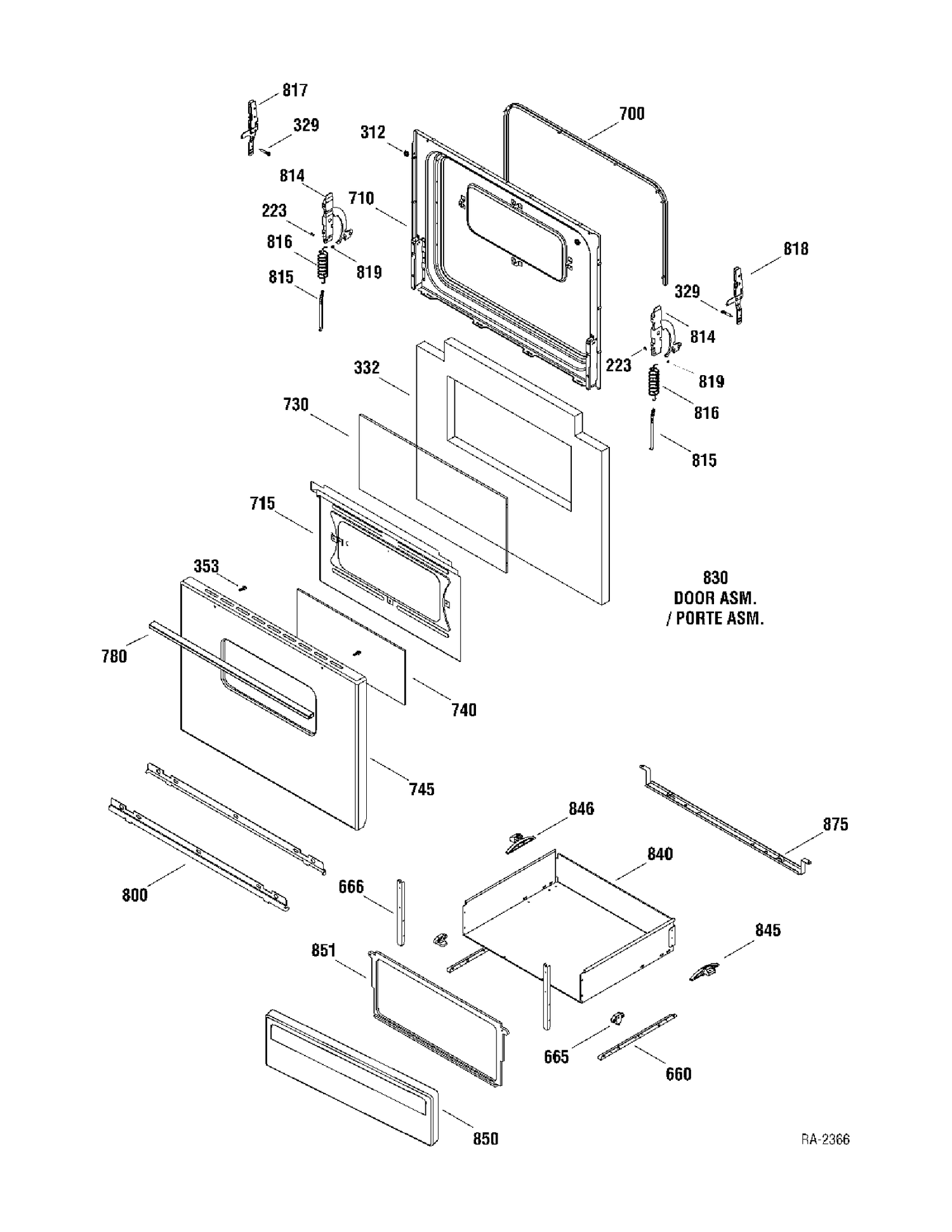 DOOR & DRAWER Diagram and Parts List for RCBS525J2WW  General Electric Range