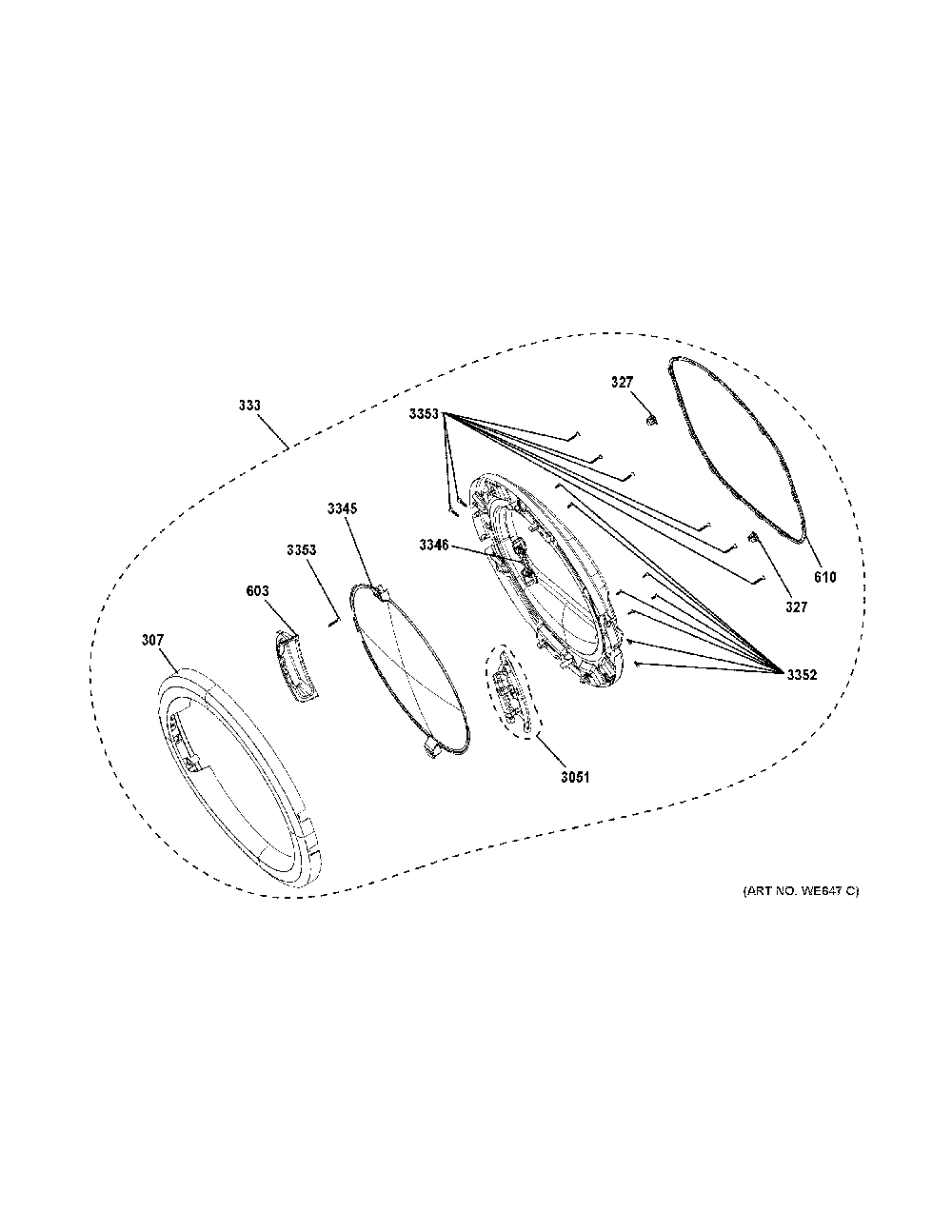 Door Diagram and Parts List for GFD40ESCM1WW  General Electric Dryer