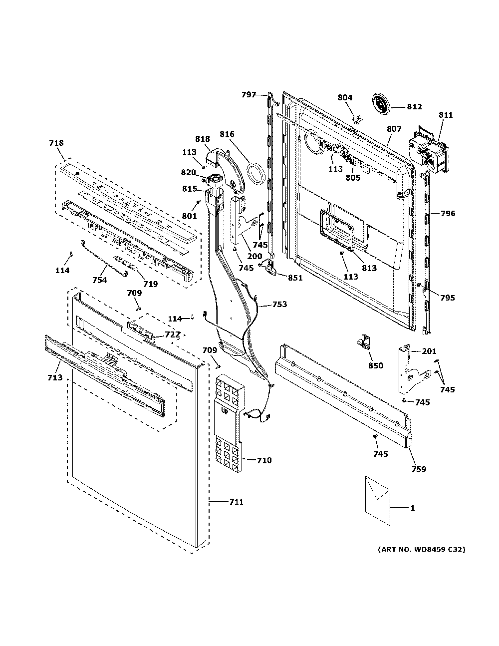 Escutcheon And Door Assembly Diagram and Parts List for PDP755SYR3FS  General Electric Dishwasher