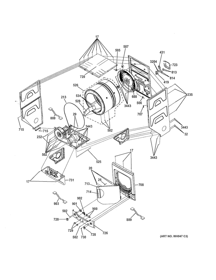 Cabinet 1 Diagram and Parts List for GTUP240EM4WW  General Electric Washer Dryer Combo