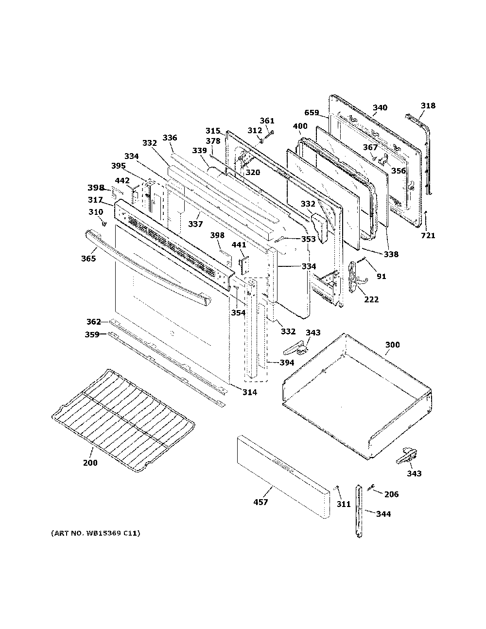 Door And Drawer Parts Diagram and Parts List for JB480DM3WW  General Electric Range