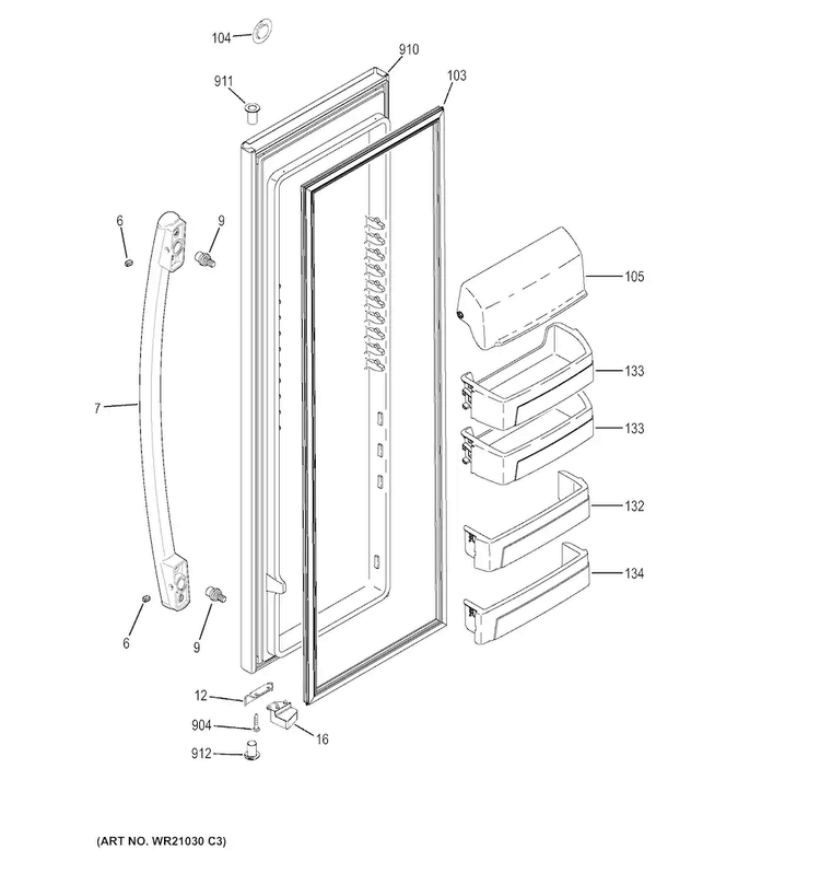 Fresh Food Door Diagram and Parts List for GZS22DGJBFWW  General Electric Refrigerator
