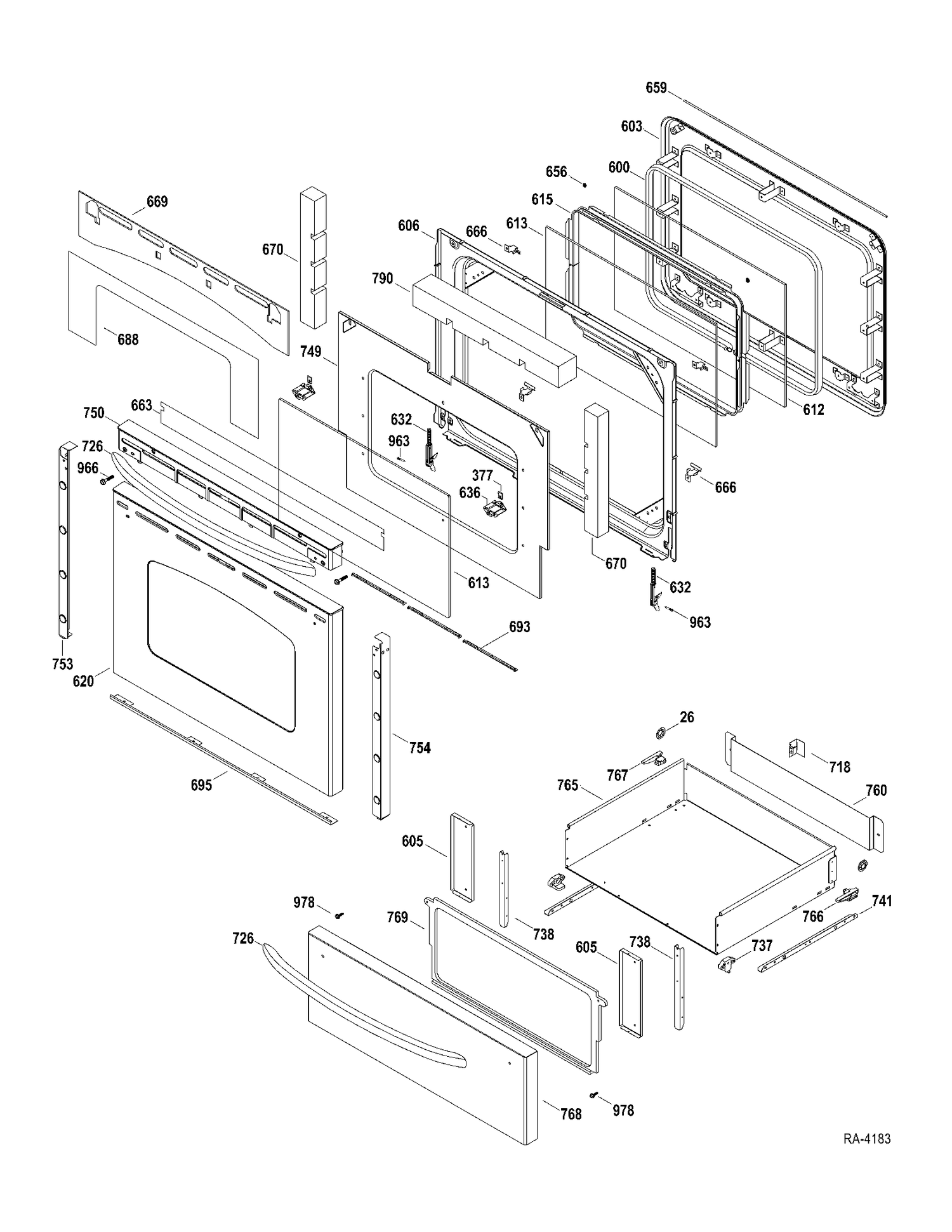 DOOR-DRAWER Diagram and Parts List for JCBP790ST1SS  General Electric Range