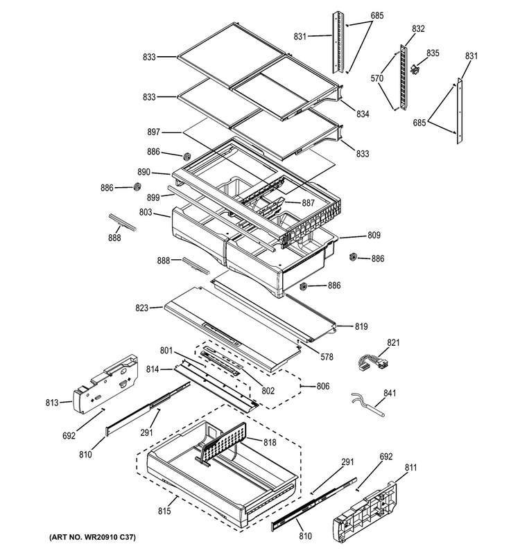 Fresh Food Shelves Diagram and Parts List for PFH28PSHDSS  General Electric Refrigerator